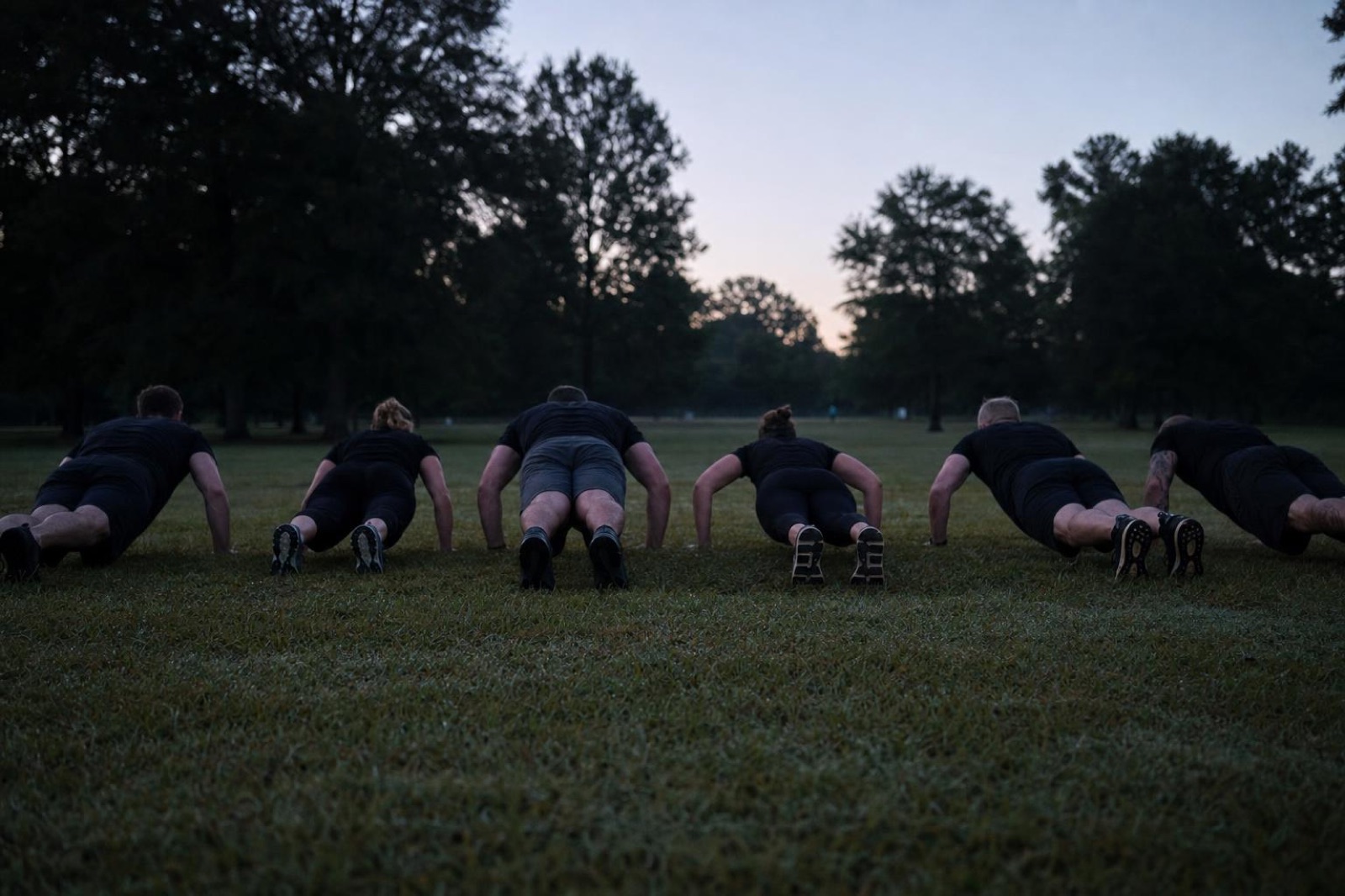 Group doing pushups on wet grass at first light in a Greenville park, seen from behind